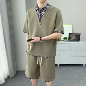 Kawadu | Summer Light Ice Silk Mock Layered Polo Shirt and Shorts Set
