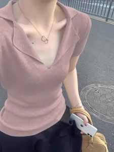 HUOLISI | Soft Light Pink Short Sleeve V-Neck Knitted T-Shirt Summer Close Fit Polo Turn-Down Collar