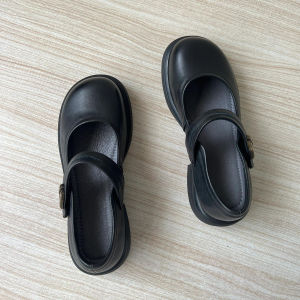 หนัง รองเท้าส้นแบน Mary Janes ผู้หญิง หัวมน ฤดูใบไม้ร่วง หัวเข็มขัดวินเทจยึดพื้นยางกันลื่นแฟชั่น ลำลอง รองเท้า
