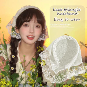 French Pastoral Style Lace Hair Scarf Headband for Women Girls Summer Trendy Plaid Triangle Headscarf