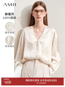 Amii Spring New Minimalist Luxury Acetate Woven Long Sleeve V-neck Imitation Pearl Weave Belt Womens Shirt Commute Style Loose Fit