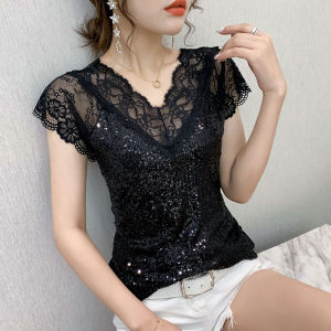 GUZILIAN | Fashionable Lace Splice Short Sleeve V-Neck Womens T-Shirt Glittering European Style Summer New Arrival Versatile Korean Commute Style
