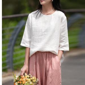 เสื้อยืดคอกลมแขนสั้นผ้าฝ้ายลินินหลวมๆ สำหรับผู้หญิงไซส์ใหญ่ ฤดูใบไม้ผลิและฤดูร้อน เสื้อเชิ้ตทรงพื้นฐาน เสื้อเชิ้ตคอกลม