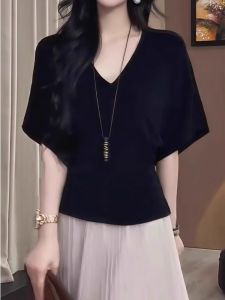 Ice Silk Batwing Waist Accentuating V-Neck T-Shirt