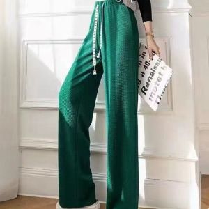 New Womens Wide Leg Pants Spring Autumn Drawstring Loose Floor-Length Casual Trousers Bell Bottoms High Waist Straight Cut