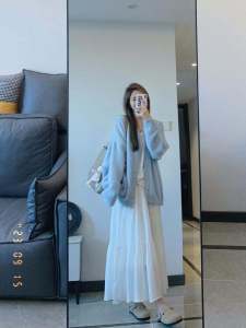 2025 Winter Blue Fluffy Knitted Long Sleeve Button up round Neck Open Cardigan Coat Soft Cozy Womens Fashion Korean Style