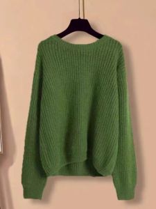 Spring Autumn 2024 New Knitted Loose Fit Overhead Pure Color Trendy Outerwear Womens Long Sleeve Low round Neck Pullover