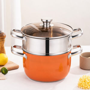 24cm Orange Double Layer Stainless Steel Steamer Pot Multi-function Cooking Soup Pot with Steamer Basket Tempered Glass Lid