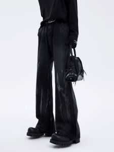 กางเกงยีนส์ทรงขาบานสไตล์อเมริกันสำหรับผู้ชาย กางเกงยีนส์ทรงหลวมขาตรงทรงหลวมสไตล์วัยรุ่นฤดูร้อน สวมใส่สบาย