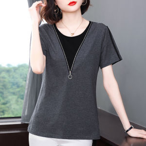 5XL Oversize Women Letter Loose Blouse Summer Short Sleeve Wanita Baju Tops Blus Round O Neck Zipper Nylon Tops Shirt Summer Clothing #1336