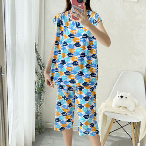 Ladies Cotton Silk Sleepwear Summer New Loose plus Size Short Sleeve Seven-Piece Pants Cartoon Artificial Cotton Home Clothes