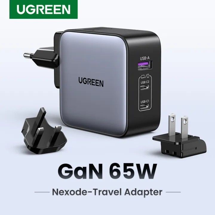 UGREEN Travel Charger PD 65W GaN Fast Charge 2 Type C 1 USB A Travel Adapter Wall Charger with UK/EU/US Plugs Multi Plug Adapter for Ipad Pro 2022 MacBook M2 iPhone 15 14 13 Pro Max Plus XR Macbook Air 4 2022 Pro Samsung S24 S23 Ultra Pixel 7 Pro
