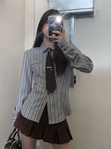 Fashionable Stripe Shirt Womens Long Sleeve Inner Wear Spring 2026 New Style Ageless Elegance Straight Cut Button Detail Polo Neck