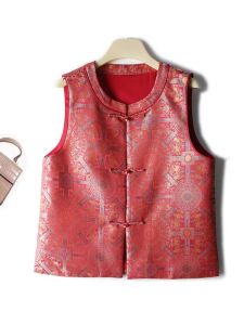 Red New Chinese Style Retro Vest Fashionable High-End Feel Song Jin round Neck Shoulder Pad Womens Autumn Vest Jacket Spring