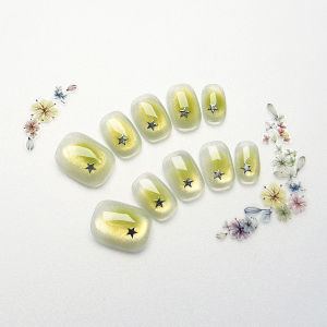 Handmade Wearable Nail Tips 2025 New Crystal Cats Eye Transparent Green Versatile Short White Enhancing High-End Feeling Nail Art 678