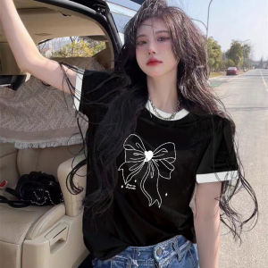 Trendy Contrast Color Shoulder Pure Cotton Short-Sleeved T-shirt Female 2024 Summer New Arrival Loose Black Stylish Niche Top