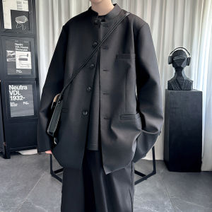 New Chinese Style Mens Black Suit Jacket Shoulder Pads Spring Autumn Stand Collar Tailored Fit Casual Long Sleeve Polyester