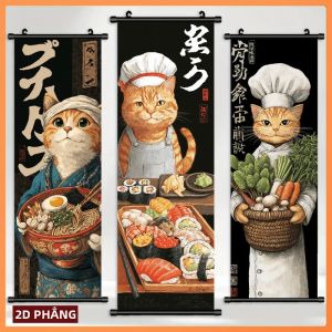 VIKAMA Đầu Bếp Nhật Bản Mèo Thảm Mèo Con Dễ Thương Sushi Ramen Ukiyo-e Poster Dọc Treo Tường Trang Trí Nhà Polyester