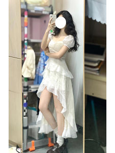 French Style Beautiful White Fairy Skirt Soft Wind Small Size Waist Cinch Slim Sweet Chiffon Dress Irregular Hem Short Sleeve Square Neck