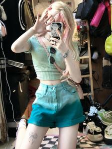 Summer 2023 Womens Loose A-Line High Waist Gradient Denim Shorts Trendy Wide Leg Hot Pants Korean Style Versatile Casual Shorts