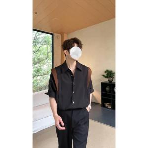 Ice Silk Short Sleeve Shirt Mens Summer Color Block Design Breathable Slim Fit Button up Geometry Pattern Casual Shirt