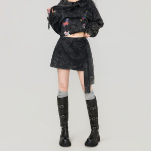 KEIKO | Washed and Vintage Lace-Up Irregular Autumn Lightweight Punk Style A-Line Skirt