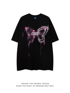 เสื้อยืดแขนสั้นพิมพ์ลายผีเสื้อ MOISHE TIDE ทรงหลวมสำหรับผู้ชาย ทรงโอเวอร์ไซส์ 5 ส่วน เสื้อยืดคอกลมคอตตอน สไตล์ลำลอง