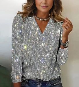 Elegant Women Blouse Sequin V Neck Long Sleeve Blouse Soft Pullover for Women Breathable Fashion Commute Club Party Shirt Top