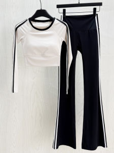 American Style Fitness Clothes Womens Long Sleeve Casual Striped Color Block Quick Dry Running Pants Set Breathable Yoga Gymwear