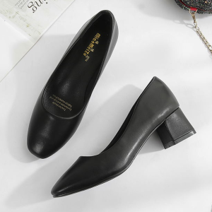 Comfortable Professional Square Head Work Shoes for Women Black Leather mid Heel Slip-On Shoes Hotel Staff Interview Suitable
