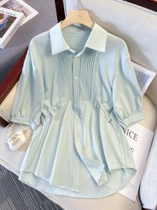 ฤดูร้อน พรางหุ่น เสื้อเชิ้ตแขนสั้น พลัสไซส์ เสื้อผ้าผู้หญิง ซ่อนเอว ซ่อนเนื้อปิดหน้าท้อง เสื้อท่อนบน ปกโปโล ความยาวปานกลาง
