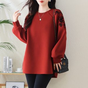 Red round Neck Hoodie Womens Embroidered Sweatshirt Heavy Embroidery Crew Neck Pullover Long Sleeve Autumn Fashion Streetwear
