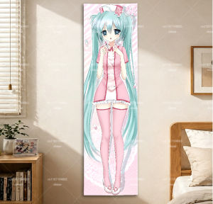 Bandai | Hatsune Miku Vertical Tapestry Pink Nurse Outfit Stripe Background Vocaloid Long Anime Wall Hanging Bedroom Decor