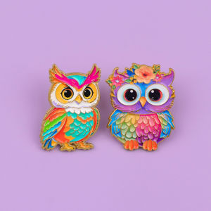 2pcs/Set Flower Owls Enamel Pin Rainbow Feather Metal Brooch Backpack Collar Lapel Badges Fashion Jewelry Collection Friend Gift