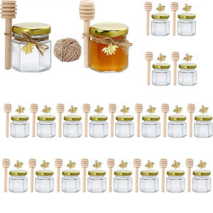 1.5Oz Sealed jar Hexagon Mini Glass Honey Jars with Bee PendantsJutesWood Dipper Jam Jars for Party Favors Wedding Baby Shower