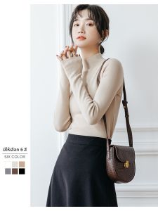 เสื้อสเวตเตอร์ถักคอสูงครึ่งตัวแขนยาวทรงสลิมฟิตสำหรับผู้หญิง ฤดูใบไม้ร่วง/ฤดูหนาว สีดำ/ขาว เสื้อชั้นใน เสื้อผ้าทำงาน