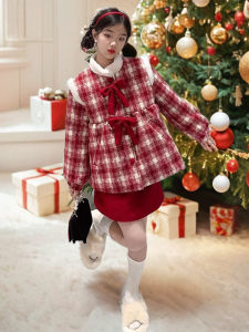 เสื้อโค้ทขนสัตว์หนาสำหรับเด็กผู้หญิง ฤดูใบไม้ร่วง/ฤดูหนาว เสื้อคลุมกันหนาวแบบมีฮู้ด ปกโปโล กระดุมเดียว สีแดง ชุดปีนี้