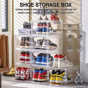 Shoe Box Plastic Shoe Organizer Clear Stackable Shoe Storage Box Shoe Holder Containers with Magnetic Door Front Drop Sneaker Storage Shoebox Fit Up To Eu Size 47.5