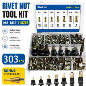 304pcs Rivet Nut And Manual Tool Set Metric Rivet Nut Assortment (M3-M12) for Furniture Decor Automotive Marine And Industr