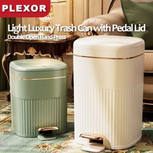 Plexor 8L/10L/15L Light Luxury Trash Can with Pedal Lid Plastic Toilet Large Capacity Double Open Hand Press Wastebasket Household Striped Waterproof Recycle Bin Compact Waste Basket for Bathroom Office Bedroom Kitchen