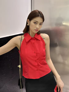 Spring Summer New Style Dopaamine Pure Cotton Red Spicy Womens Shirt Hanging Neck Vest Short Sleeveless Womens Blouse