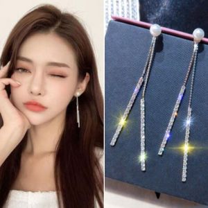 S925 Silver Needle Long Tassel Pearl Ear Studs Temperament Diamond Earrings Round Face Thin Korean Earrings  Jewellery