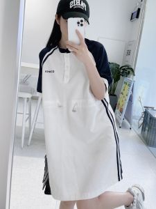 Womens Summer Loose Polo Sweatshirt Dress Casual Knitted Black White Sports Style Long A-Line Skirt High Waist Cotton Blend