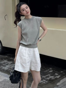 YUEZHONGWEI | Gray Round Neck Ice Silk Knitted Short Sleeve T-Shirt Women Summer Slim Fit Short Style Flying Sleeve Shoulder Top Commute Style