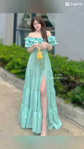 MOOKRINSTYLE พร้อมส่งชุดเดรสปาดไหล่แต่งระบาย กระโปรงผ่าข้าง สายผูกหลัง ชุดออกงาน ไปทะเลเดินชายหาด สีสวย