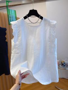 เสื้อกั๊กแขนกุดผ้าลินินคอตตอนไซส์ใหญ่ ทรงหลวม ทรงลำลอง ฤดูร้อน 2025 กระดุมแถวเดียว คอกลม แขนกุด เสื้อผ้าทำงานสำหรับผู้หญิง