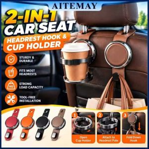 Aitemay 2pcs Stable Car Cup Holder With Hidden Hook Anti Spill Water Bottle Stand For Bubble Tea Coffee Adjustable Headrest Mount Strap Sturdy Vehicle Storage Organizer For SUV Sedan