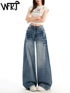 Retro American Rivet Wide Leg Jeans High Waist Slimming Unique Design Loose Straight Long Pants Womens Casual Fall Jeans