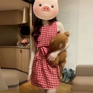 HUAYILING | Vintage Red and White Checkered Sleeveless Dress