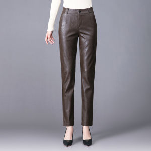 High Waist Sheepskin Leather Pants Womens Straight Leg Tube Outerwear Jeans High Waist Nine Points Slim Fit Casual Trousers
